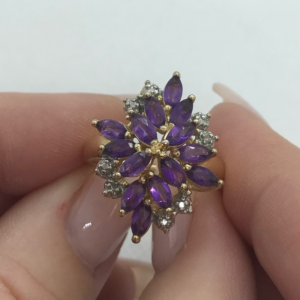 New with tag sterling silver amethyst and diamond cluster ring size 8
